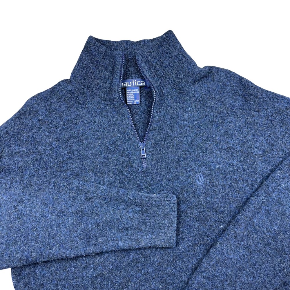 Vintage Nautica Mens Wool Quarter Zip Sweater Blue Mock Neck Pullover Medium